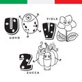 Italian alphabet. Egg, violet, pumpkin. Vector letters and characters.