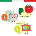Italian alphabet. Glasses, tomato, picture. Vector letters and characters.
