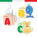 Italian alphabet. Needle, whale, dog. Vector letters and characters.