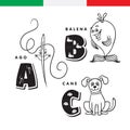 Italian alphabet. Needle, whale, dog. Vector letters and characters.