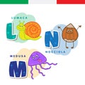 Italian alphabet. Snail, hazelnut, jellyfish. Vector letters and characters.