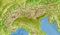Italian Alpine Arch and Northern Italy, satellite view. Aerial view of the north of the peninsula. Mountains, lakes and plains