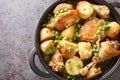 Italian American cuisine Chicken Vesuvio a skillet with potatoes, garlic, green peas closeup on the black pan. Horizontal top view Royalty Free Stock Photo