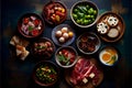 italian antipasti food selection over rustic background. Top view