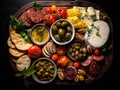 Italian Antipasti Set with Small Peppers Stuffed with Cream Cheese, Pickled Olives, Marinated Mushrooms,