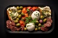 Italian Antipasti Set with Small Peppers Stuffed with Cream Cheese, Pickled Olives, Marinated Mushrooms,