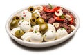 Italian Antipasti Set with Small Peppers Stuffed with Cream Cheese, Pickled Olives, Marinated Mushrooms,