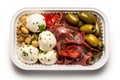 Italian Antipasti Set with Small Peppers Stuffed with Cream Cheese, Pickled Olives, Marinated Mushrooms,