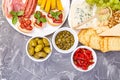 Italian antipasti wine snacks set. Antipasto catering platter Royalty Free Stock Photo