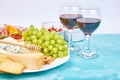 Italian antipasti wine snacks set. Brushettas on blue background