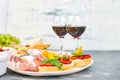 Italian antipasti wine snacks set. Italian food.