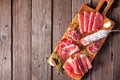 Italian antipasto meat platter with sausage, prosciutto, ham and salami, top view against a wood background