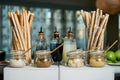 Italian Antipasto table setting with bread sticks and cheese