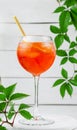 Italian aperol spritz cocktail in a wine glass on white wooden background