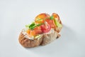 Italian appetizer - bruscheta with salmon and cream cheese on rye bread. White background. Selective focus Royalty Free Stock Photo