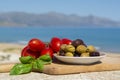 Italian appetizer green and black olives in olive oil, tomatoes and marinated artichokes close up