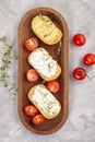 Italian appetizer toasted bread bruschetta with cream chease and tomatoes Royalty Free Stock Photo