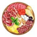 Italian appetizers or antipasto. Mixed delicatessen of cheese and meat snacks