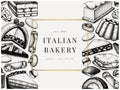 Italian bakery banner. With hand drawn desserts, pastries, cookies sketch illustration. Baking menu design elements. Traditional