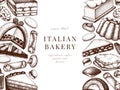 Italian bakery banner. With hand drawn desserts, pastries, cookies sketch illustration. Baking menu design elements. Traditional Royalty Free Stock Photo