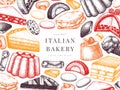 Italian bakery banner. With hand drawn desserts, pastries, cookies sketch illustration. Baking menu design elements. Traditional Royalty Free Stock Photo