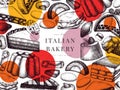 Italian bakery banner with trendy geometric elements. With hand drawn desserts, pastries, cookies sketch illustration. Baking menu