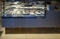 Italian Bakery counter, Window of desserts at a pastry shop. Fresh and tasty products