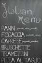 Italian bar menu on a chalkboard