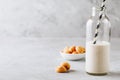 Italian biscuit cookies Amaretti with milk in a glass bottle