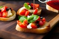 Beautiful italian bruschetta with garlic, tomato, olive oil and basil