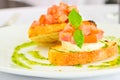 Italian Bruschetta with cheese tomatoes and a basil dressing Royalty Free Stock Photo