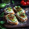 Italian bruschetta with fried tomatoes, mozzarella cheese and herbs on a cutting board