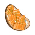 Bruschetta or sandwich on a slice of bread with cream cheese, salmon and herbs. Vector isolated food illustration