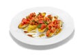 Italian Bruschetta on toasted bread, topped with fresh chopped red tomato salad and basil, caramelized balsamic vinegar drizzle Royalty Free Stock Photo