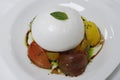 italian buffalo mozzarella or burrata cheese with heirloom tomato salad on a white plate Royalty Free Stock Photo