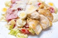 Italian caesar salad with white chicken meat,boiled qual eggs,parmesan cheese and bacon meat cooked for lunch in restaurant. Royalty Free Stock Photo