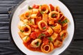 Italian Calamarata Pasta with calamari and tomato sauce close-up in a plate. horizontal top view Royalty Free Stock Photo