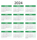 ITALIAN calendar for 2024. Printable, editable vector illustration for Italy. Vertical, in green color