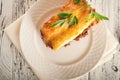 Italian cannelloni pasta on a light table. Flat lay a caneloni pasta dinner close-up and copy space Royalty Free Stock Photo