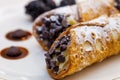 Italian cannoli on white plate with blackberries and chocolate chips