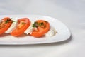 Italian Caprese Salad with Mozzarella cheese, tomatoes, basil, olive oil on white plate at Italian diner, restaurant. Fresh Royalty Free Stock Photo