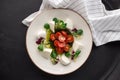 Italian caprese salad with sliced tomatoes, mozzarella cheese, basil, olive oil on black background Royalty Free Stock Photo