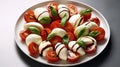 Italian Caprese salad with sliced tomatoes, mozzarella cheese, basil, olive oil on light background. Vegetarian food Generative AI Royalty Free Stock Photo