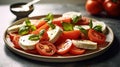 Italian Caprese salad with sliced tomatoes, mozzarella cheese, basil, olive oil on light background. Vegetarian food Generative AI Royalty Free Stock Photo