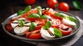 Italian Caprese salad with sliced tomatoes, mozzarella cheese, basil, olive oil on light background. Vegetarian food Generative AI Royalty Free Stock Photo