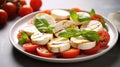 Italian Caprese salad with sliced tomatoes, mozzarella cheese, basil, olive oil on light background. Vegetarian food Generative AI Royalty Free Stock Photo