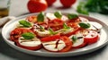 Italian Caprese salad with sliced tomatoes, mozzarella cheese, basil, olive oil on light background. Vegetarian food Generative AI Royalty Free Stock Photo