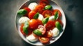 Italian Caprese salad with sliced tomatoes, mozzarella cheese, basil, olive oil on light background. Vegetarian food Generative AI Royalty Free Stock Photo