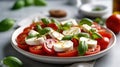 Italian Caprese salad with sliced tomatoes, mozzarella cheese, basil, olive oil on light background. Vegetarian food Generative AI Royalty Free Stock Photo