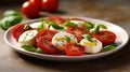 Italian Caprese salad with sliced tomatoes, mozzarella cheese, basil, olive oil on light background. Vegetarian food Generative AI Royalty Free Stock Photo